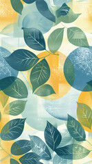 Poster - Blue and green leaf seamless pattern with geometric shapes and grunge texture, perfect for creating surface patterns