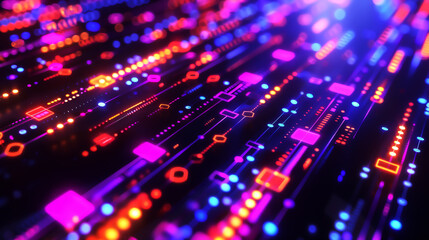 Abstract futuristic digital background with glowing neon lights and complex geometric patterns representing data and technology.