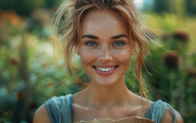 A joyful woman smiles widely while holding a piece of paper, surrounded by vibrant flowers in a sunny garden on a bright summer day