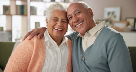 Poster - Hug, love and smile with senior couple on sofa in living room of retirement home together for bonding. Portrait, safety or support with elderly man and woman embracing in apartment for wellness