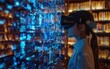 © imagineRbc - A school girl wears a VR headset, exploring artificial intelligence technology in a high-tech library surrounded by digital displays