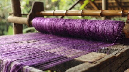 Sticker - Violet silk weaving on wooden loom in Asian culture and hand weaving tradition