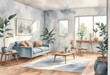 © W2GO - Watercolor modern and minimalist living room interior design illustration