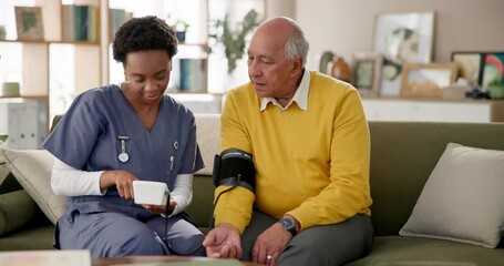 Canvas Print - Elderly man, nurse or blood pressure test on sofa for checkup, care or diabetes management. Senior person, caregiver or monitor in nursing home for healthcare, consult or life insurance policy update