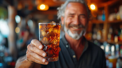 Portrait of a smiling middle aged man holding a glass with an ice cold cola drink at a bar counter, in a closeup view