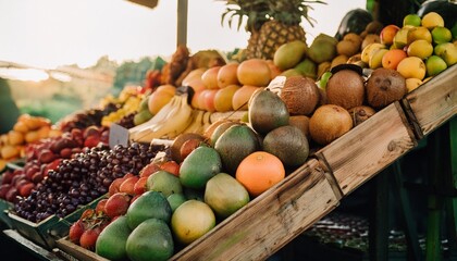 Big assortment of fresh organic fruits. Frame composition of fruits on market stall