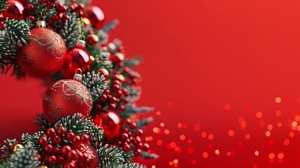 Wall Mural - Closeup of Christmas wreath decoration with red ornaments and bokeh, Festive holiday background.