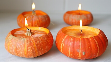 Wall Mural - Burning candles in the form of pumpkins in light background