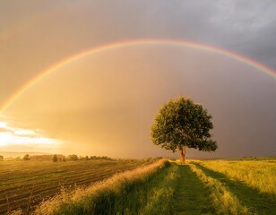 Summer landscape with wheat field, road and lonely tree, thunderstorm with rain on background