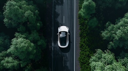 Fototapete - Top view of a white electric car driving  dark green forest road which is an elevated road that surrounds natural forest Concept of using electric cars to protect the environment and t : Generative AI