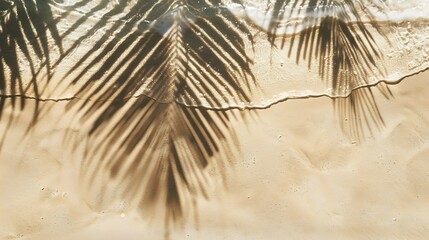Poster - empty abstract sand beach with palm leaf shadow and transparent water wave from above blank background banner for travel vacation and wellbeing with copy space : Generative AI