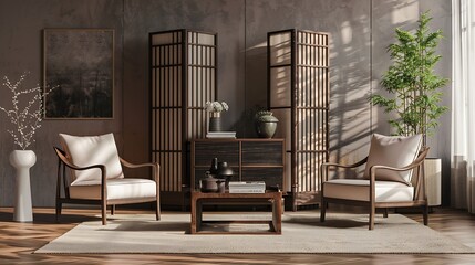 Aufkleber - Interior of stylish living room with folding screen chest of drawers armchairs and carpet : Generative AI