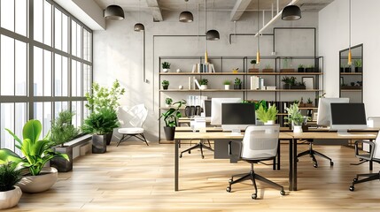 Poster - Interior of light office with modern workplaces and shelf units : Generative AI