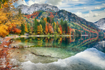 Wall Mural - breathtaking autumn scene of vorderer langbathsee lake.