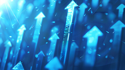 Poster - blue background with arrows pointing upwards, representing stock market growth or business success i