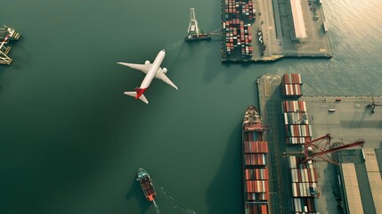 Poster - Aerial view and top view cargo plane flying above ship port in the export and import business and Smart logistics international goods Shipping cargo to harbor by crane : Generative AI