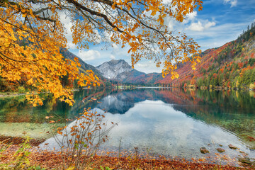 Wall Mural - captivating autumn scene of vorderer langbathsee lake.