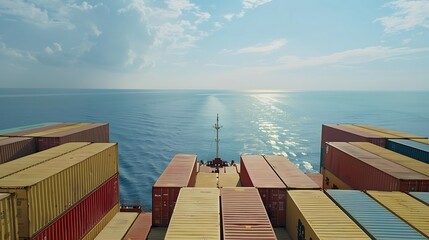 Poster - View on the containers loaded on deck of the large cargo ship She is sailing through calm blue ocean : Generative AI