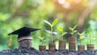 © The Little Hut - Graduation hat and plants growing up on stack of coins The concept of saving money for education student loan scholarship tuition fees in the future : Generative AI