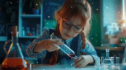 Aufkleber - Girl classroom and science beaker for learning education and test with smart or intelligent child Student in school with chemistry knowledge and pour liquid for experiment and chemical : Generative AI
