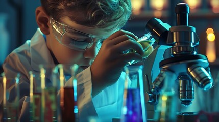 Fototapete - little scientist looking through a microscope and test tubes filled with chemicals for learning about science and experiments : Generative AI