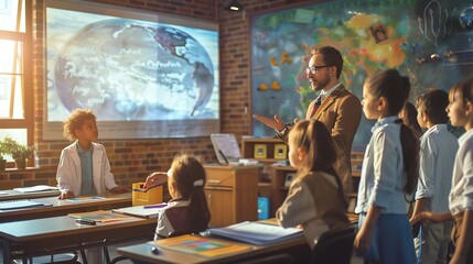Poster - Primary School Children Learning Basic Information About Water Cycles Geography Teacher Educating Smart Diverse Kids in a Modern Colorful Classroom Schoolchildren Understanding Weather : Generative AI