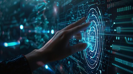 Poster - Cyber security and data protection on internet Person touching virtual shield secure access encrypted connection Password protected system and storage Cybersecurity technology : Generative AI