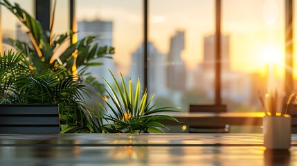Poster - Blur background of office interior with large windows with city urban view plants and wooden desks at sunset Modern workplace and urban greenery concept Design for poster wallpaper Spa : Generative AI