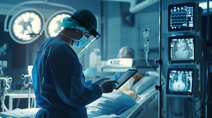Poster - Doctor Utilizing Advanced Digital Tablet Technology in Modern Healthcare Medical Professional in Operating Room Analyzing RealTime Patient Data CuttingEdge Medical Innovations and solu : Generative AI