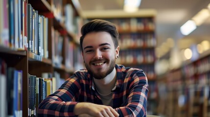 Aufkleber - Student man and happy with portrait in library for writing scholarship and studying for exam knowledge Gen z person and smile for learning education and research notes for university a : Generative AI