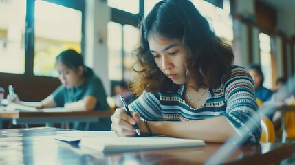 Aufkleber - Woman students and writing with test in classroom for exam study or assignment at university Female person or group busy on project or essay with notebook for higher education lesson o : Generative AI