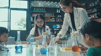 Aufkleber - Education learning or science with teacher and students at table in laboratory for experiment or reaction Classroom school or study with woman scientist and children at academy for dev : Generative AI