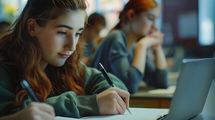 Aufkleber - Student laptop and portrait in classroom writing notes for college course test and campus work Female person university and happy for learning higher education and studying at academy : Generative AI