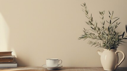 Poster - Breakfast scandi indoor interior still life Minimal home design concept Beige ceramic vase with olive tree branches Cup of coffee tea on wooden table desk with old books Empty beige wa : Generative AI