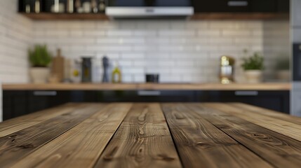 Poster - Kitchen wood table top for product display with blurred modern interior Wooden tabletop over defocused kitchen background kitchen furniture and desk space product promotion in the kitc : Generative AI