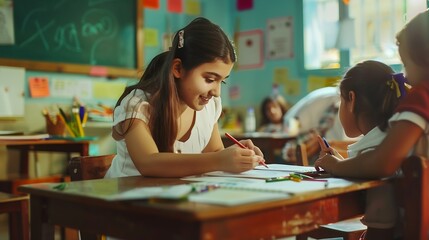 Aufkleber - Teacher helping girl in classroom for knowledge helping schoolgirl and teach her to draw Education concept : Generative AI