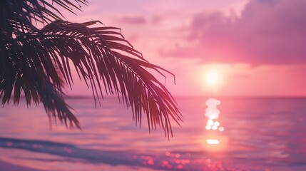 Poster - Sunrise sea beach sunset ocean tropical island coconut palm tree leaves soft color blurred background pink red sky sun reflection on blue water peaceful relaxed dawn landscape summer h : Generative AI