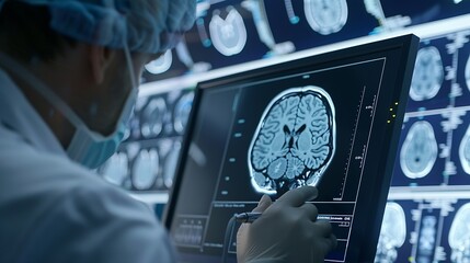 Poster - Doctor checking brain testing result with innovative medical technology diagnose and examine patient brain with intelligence software AI Medical healthcare and digital science in futur : Generative AI