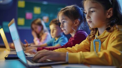 Aufkleber - Group of TechSavvy Primary School Children Working on Their Laptop and Tablet Computers in Class Young Female Teacher Educating Kids on Internet Safety Basic Programming Languages and  : Generative AI