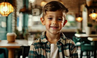 Wall Mural - Portrait of a cute little boy in a cafe, smiling.