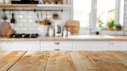 Poster - Kitchen wood table top for product display with blurred modern interior Wooden tabletop over defocused kitchen background kitchen furniture and desk space product promotion in the kitc : Generative AI