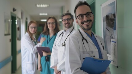 Poster - Doctors smile and portrait in hospital leader with clipboard for healthcare wellness and solidarity People surgeons or physicians together for medical advice teamwork and collaboration : Generative AI