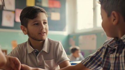 Aufkleber - Teacher helping latin boy with assignment in elementary school classroom support scholarship and educator aid explaining or helping male learner in class : Generative AI