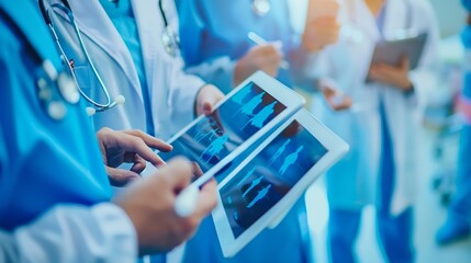Poster - Doctors group and meeting on tablet for medical planning advice and support in teamwork or hospital solution Healthcare staff people and leader on digital technology and talking of cli : Generative AI