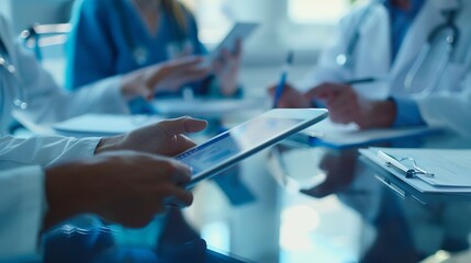 Poster - Healthcare tablet and teamwork in meeting for research planning and discussion in hospital for collaboration Medical nurses and doctor with people for communication news report or feed : Generative AI