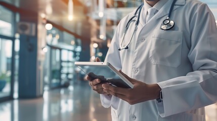 Poster - Man doctor and tablet in research medical or Telehealth for communication or networking at hospital Closeup of male person or healthcare surgeon on technology for social media or onlin : Generative AI
