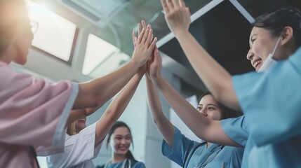 Poster - Tablet people or doctors high five for success goals or achievement target in hospital for healthcare Proud happy women and excited workers with nursing progress medical mission and te : Generative AI