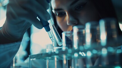 Aufkleber - Life scientists researching in laboratory Focused female life science professional pipetting solution into the glass cuvette Healthcare and biotechnology concept : Generative AI