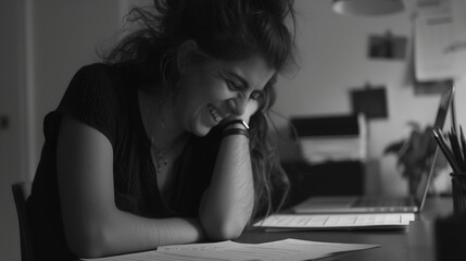 Aufkleber - Woman office and smile with writing notes or ideas with strategy planning and admin as hr manager Female person workplace and happy with calendar agenda and paperwork or documents and  : Generative AI