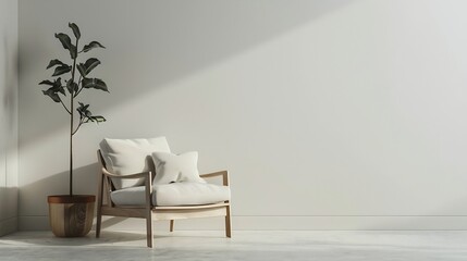 Poster - Minimal interior armchair zen style wooden chair in front of empty white wall 3D rendering : Generative AI